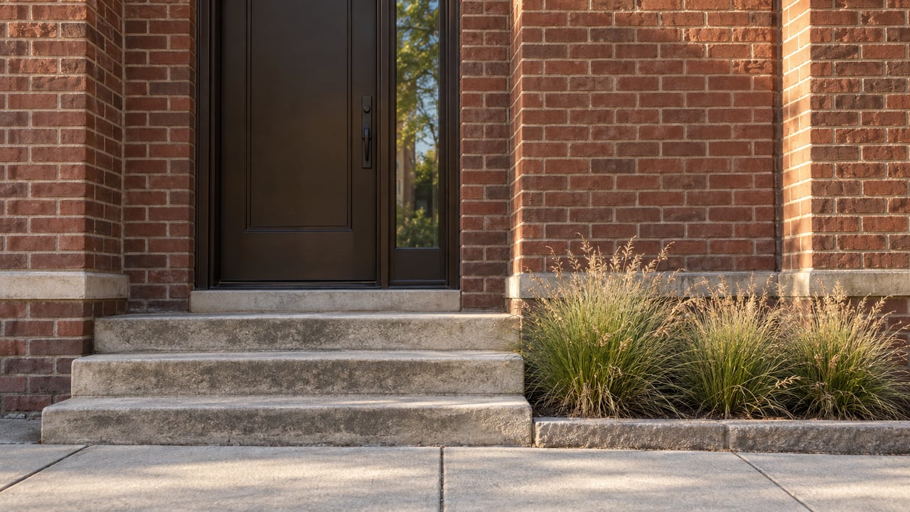 Brick townhouse entry with a bronze door, glass sidelight, worn limestone steps, and ornamental grasses.