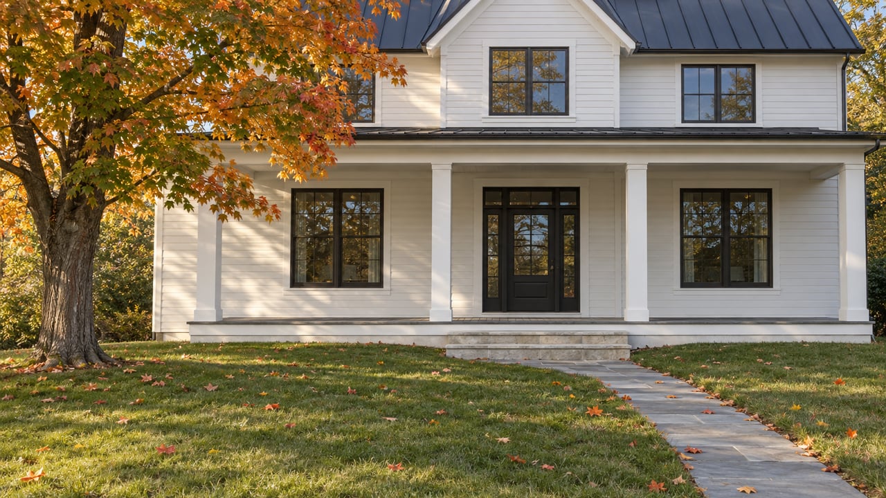 Warm-white house with dark gabled roof and broad porch, approached by a curving bluestone walk across an autumn lawn.