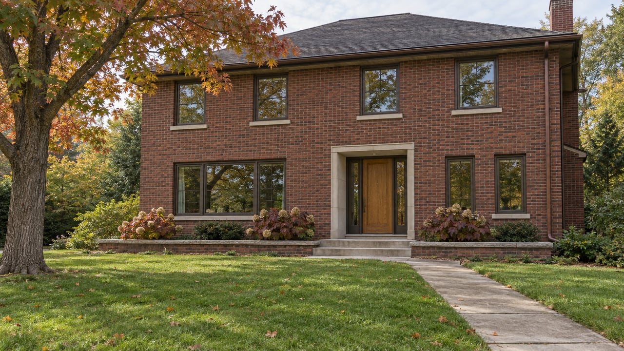 Renovated red-brown brick home behind a deep autumn lawn, with a mature oak, bronze-framed windows and a limestone entry.