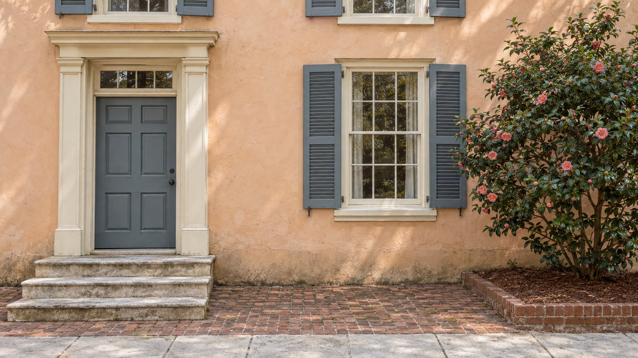 Apricot stucco house with blue-gray shutters, a paneled entrance door, worn limestone steps and a camellia beside a brick forecourt.