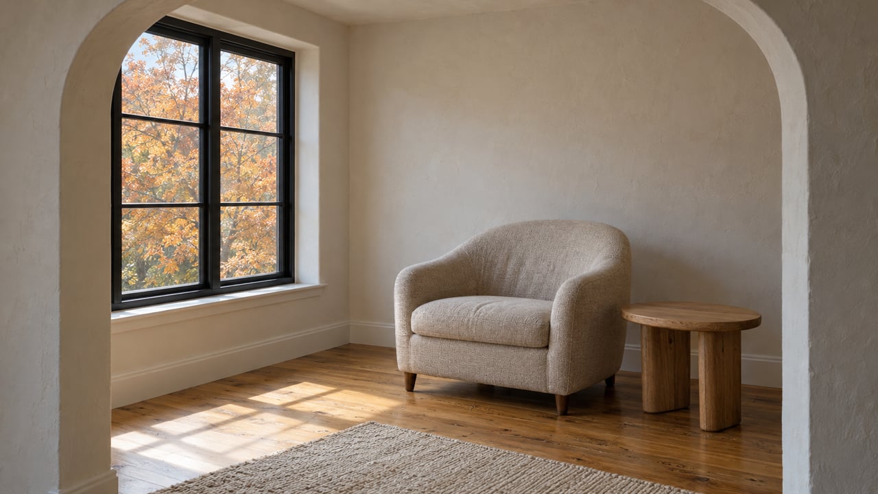 Sunlit living-room alcove with a rounded plaster arch, black grid window, oatmeal armchair and honey-oak flooring.