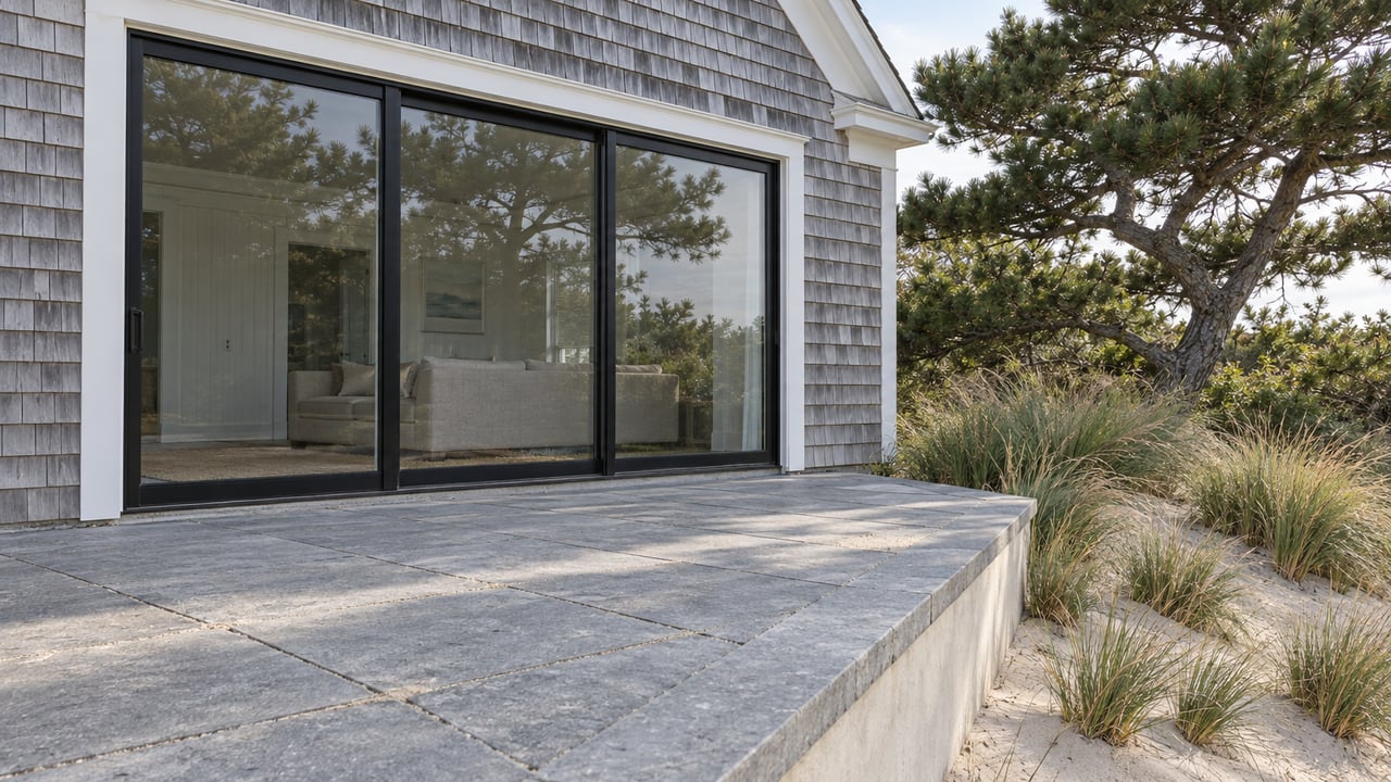 Silver cedar-shingled home with black-framed glass doors, a limestone terrace and beach grass below a raised stone edge.