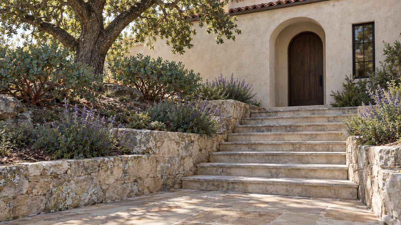 Limestone stairs climb past a stone retaining wall to an arched oak door beneath an oak tree.