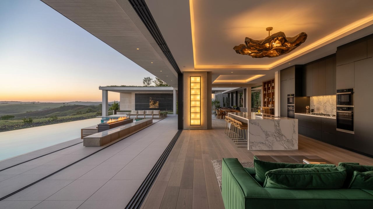 Modern open-plan home with a green sofa, marble kitchen island, pool, and sunset views over rolling hills.