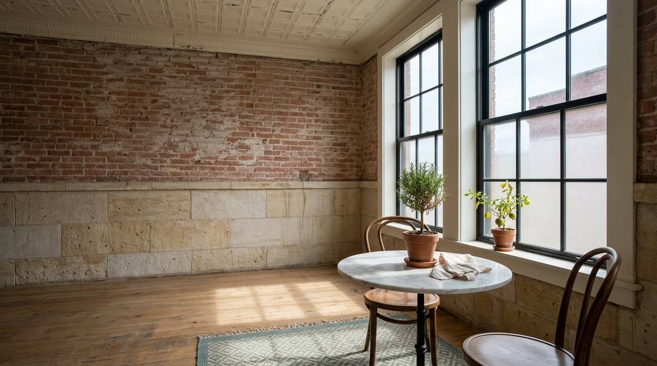 Small historic room with a marble bistro table, rosemary plant, bentwood chairs, and sunlit multi-pane windows.