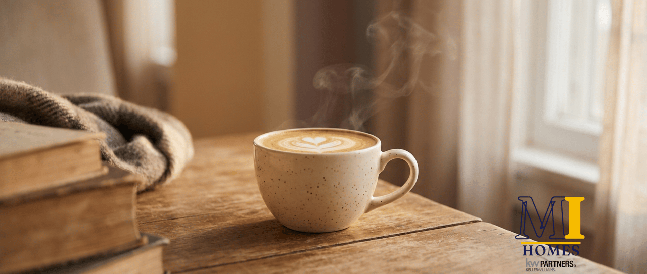 Steaming latte with heart-shaped foam art on a wooden table beside books and a folded blanket.