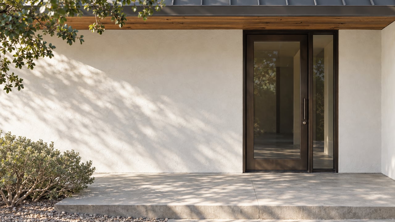 Warm-white plaster entry with a dark bronze glazed door, wood soffit, concrete landing, and oak branches overhead.