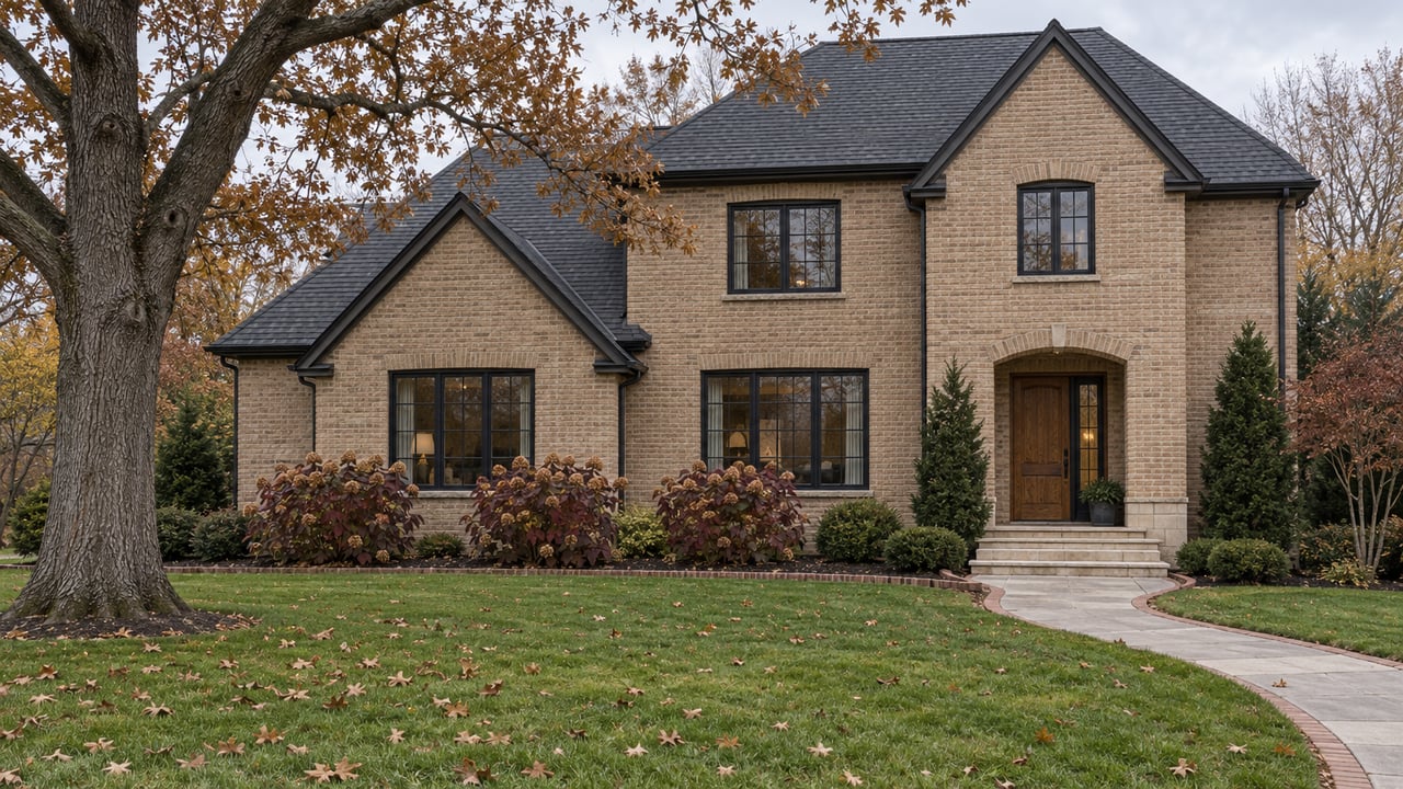 Buff-brick two-story home with black-framed windows, limestone entry steps and a deep autumn lawn beneath a mature oak.