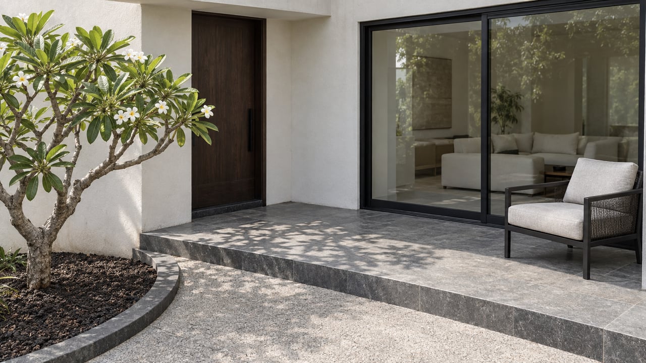 Elevated view of a pale stucco home's courtyard entry with dark-framed glass, gray stone paving, an ivory outdoor chair and a flowering plumeria.