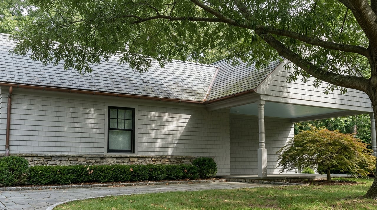 Willow oak canopy overhangs a gray-shingled roof above a porch with a blue ceiling.