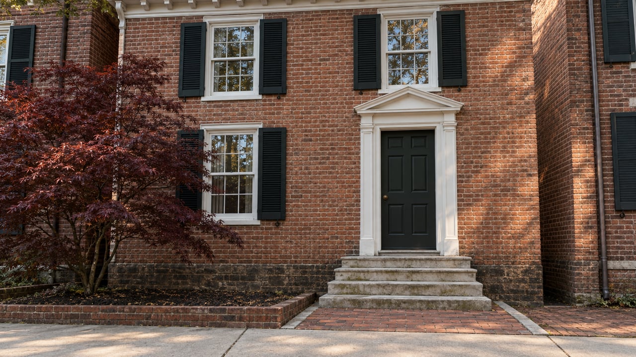 Red-brick townhome with divided-light windows, black shutters, a dark paneled door and worn limestone steps beside a burgundy Japanese maple.
