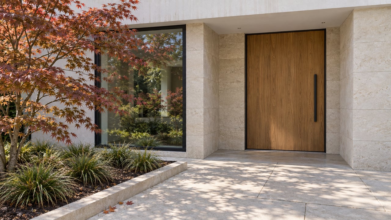 Wood entry door and black-framed window set into pale limestone and plaster, beside a bronze-red Japanese maple and a limestone approach.