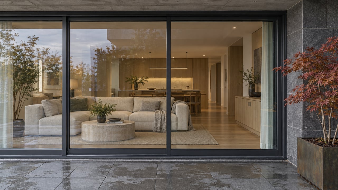 Covered condo terrace with charcoal sliding glass doors, basalt cladding, damp gray paving and a bronze planter holding a red-leaved vine maple.