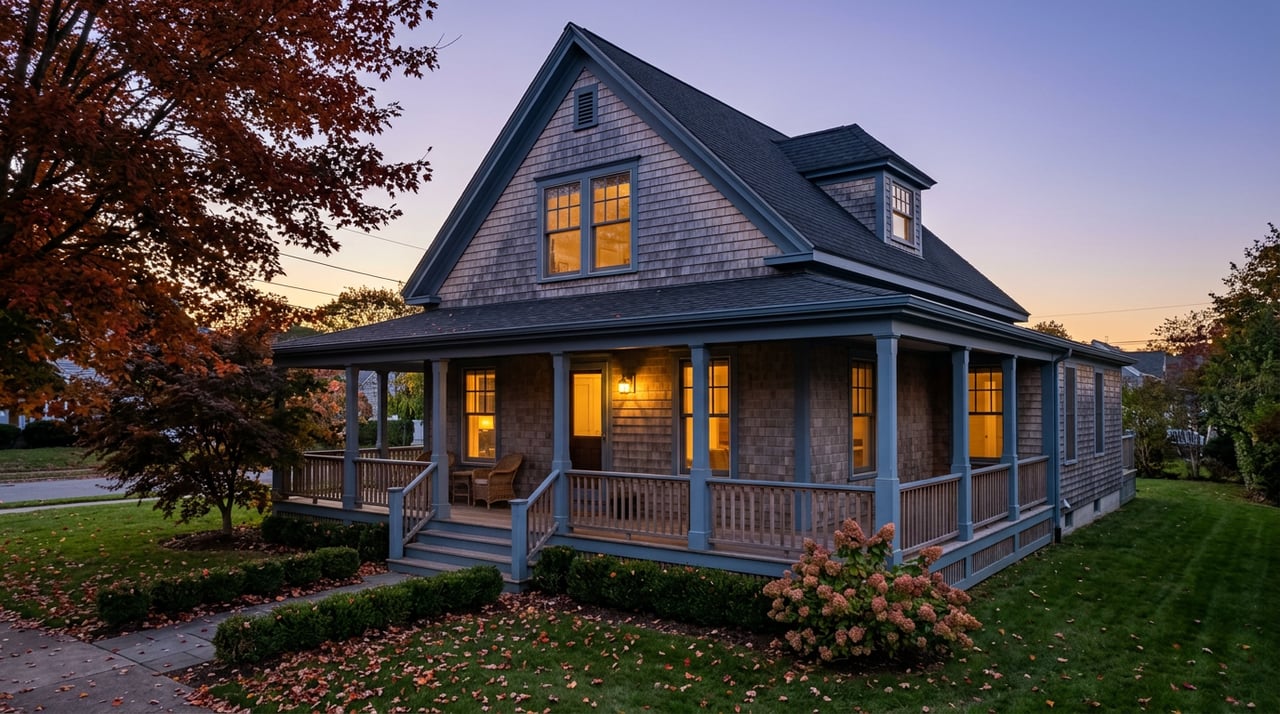 Victorian house with a wraparound porch, warm glowing windows, and scattered autumn leaves at dusk.