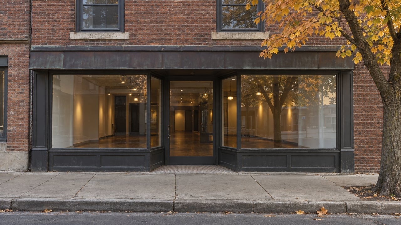 Brick storefront with recessed glass entrance, display windows, bronze canopy, and copper-yellow leaves over sidewalk.
