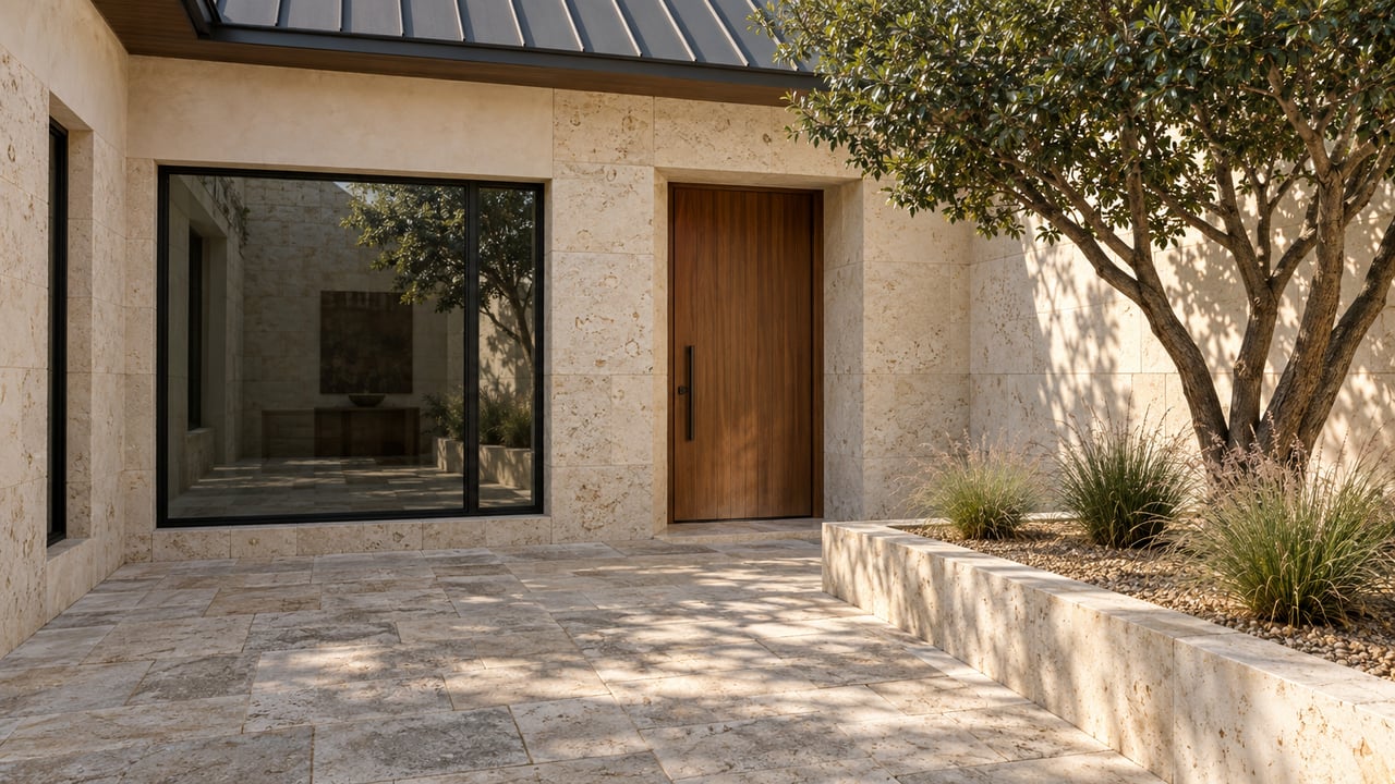 Limestone courtyard entrance with a cedar door, dark-framed window and sculptural Texas persimmon above a raised planting bed.