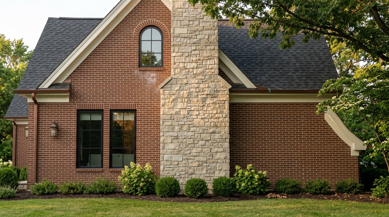 Red-brown brick gable with a tall limestone chimney, black windows, clipped shrubs, and lawn.