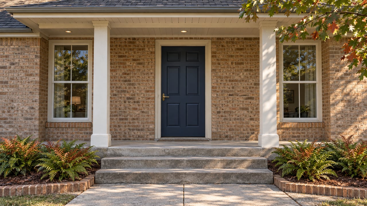 Navy front door beneath a sheltered brick porch, framed by ivory columns, paired windows and copper-tipped ferns.