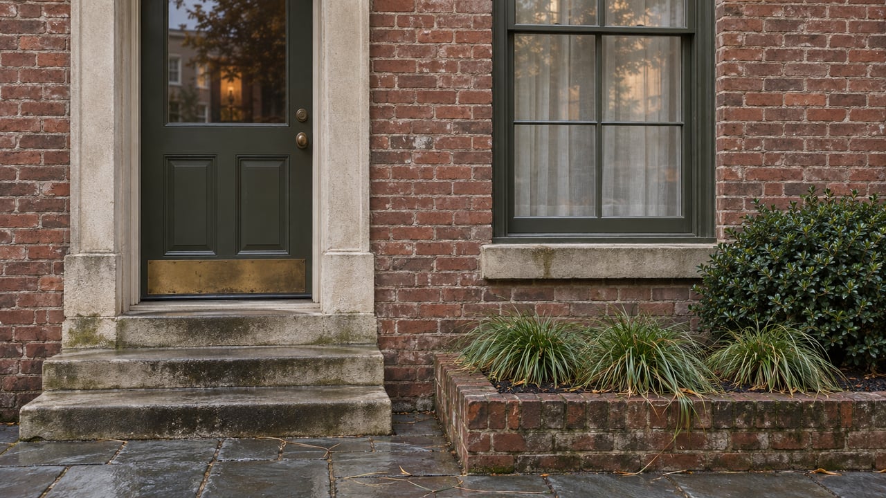 Attached brick facade with an olive-painted glass door, closed sash window, limestone stoop, and raised planting bed.