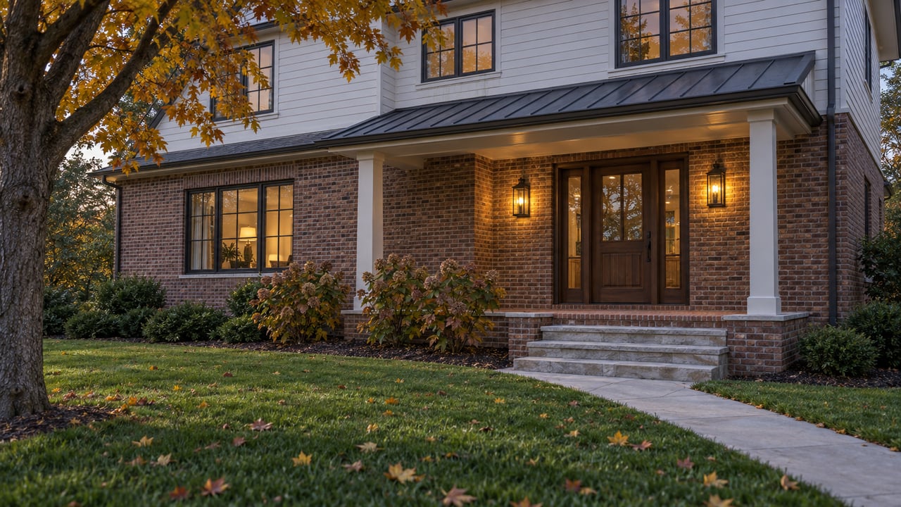 A two-story brick and ivory-sided home at autumn dusk, with a broad front lawn, sugar maple and warmly lit covered porch.