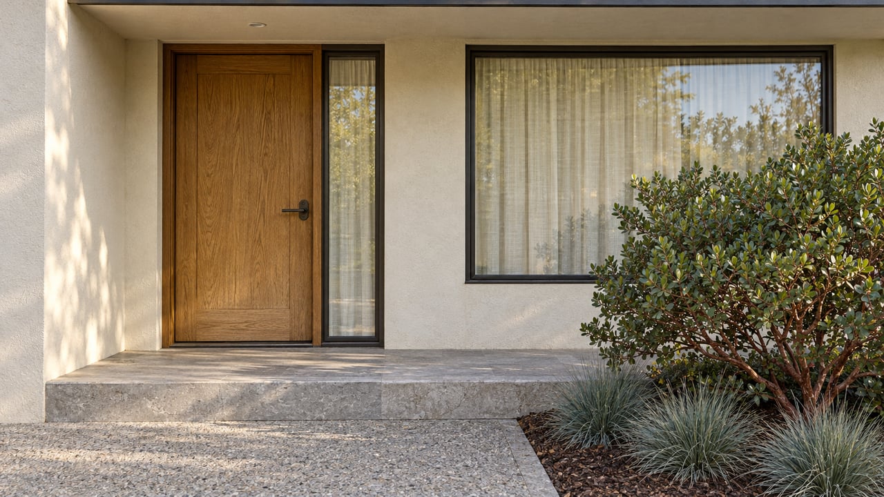 Oak front door and bronze-framed windows beneath a low eave, with limestone steps and a sculptural manzanita planting.