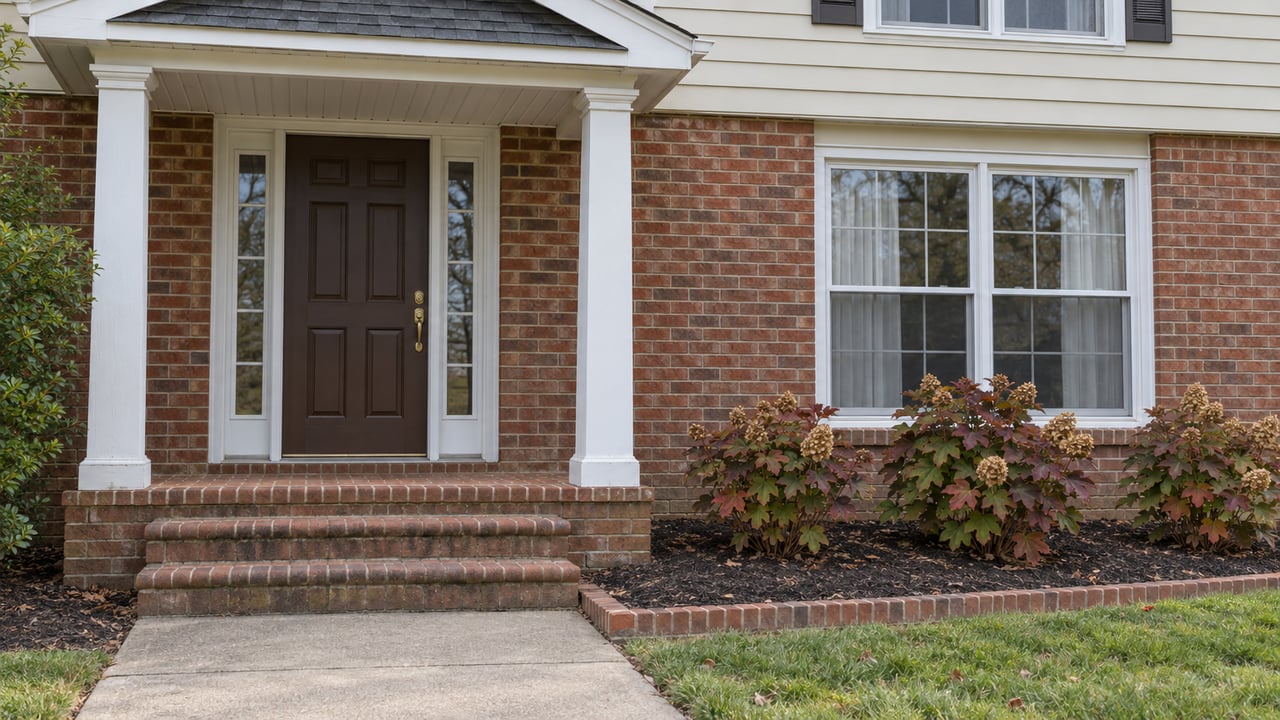 Established brick home with a white-columned covered entry, worn brick steps, cream siding and oakleaf hydrangeas.