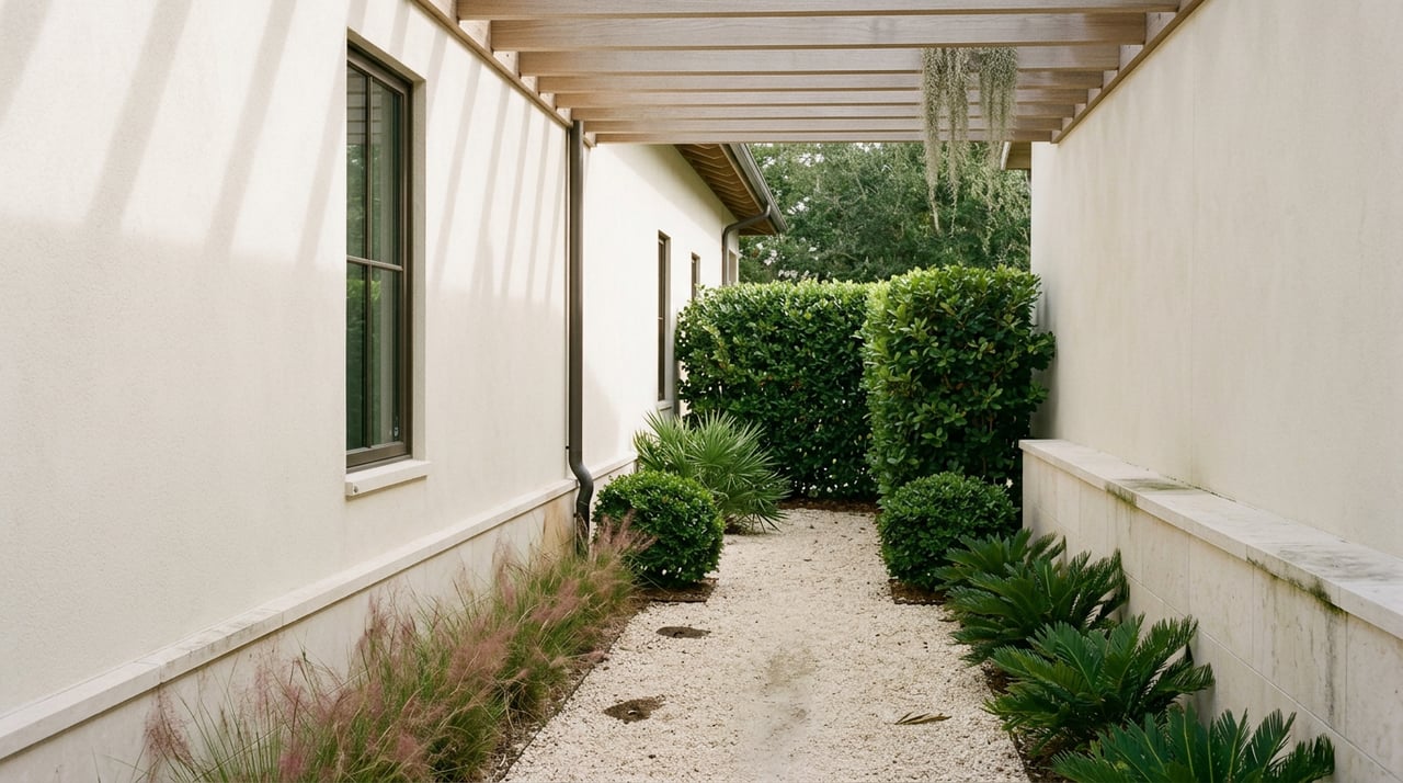 Shell path beneath an oak trellis leads between stucco and limestone walls to a clipped hedge.
