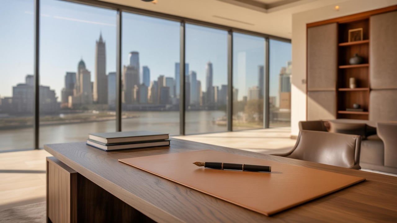 Modern office desk with stacked books facing floor-to-ceiling windows overlooking a city skyline and river.