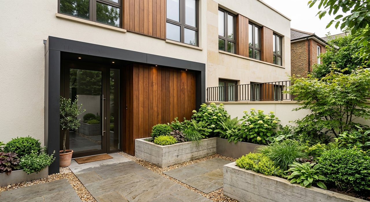 Townhome entry with white stucco, oak door, recessed garage, limestone surround, and courtyard plantings.
