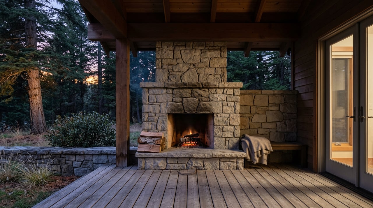 Mountain deck with a glowing stone fireplace, split firewood, and fir trees beyond a low stone wall.
