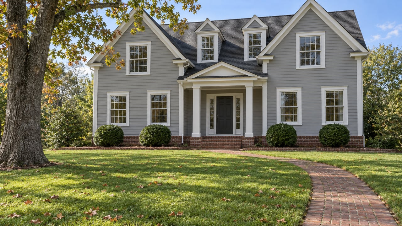 Gray clapboard home with white trim, a centered brick approach, deep green lawn and mature oak.