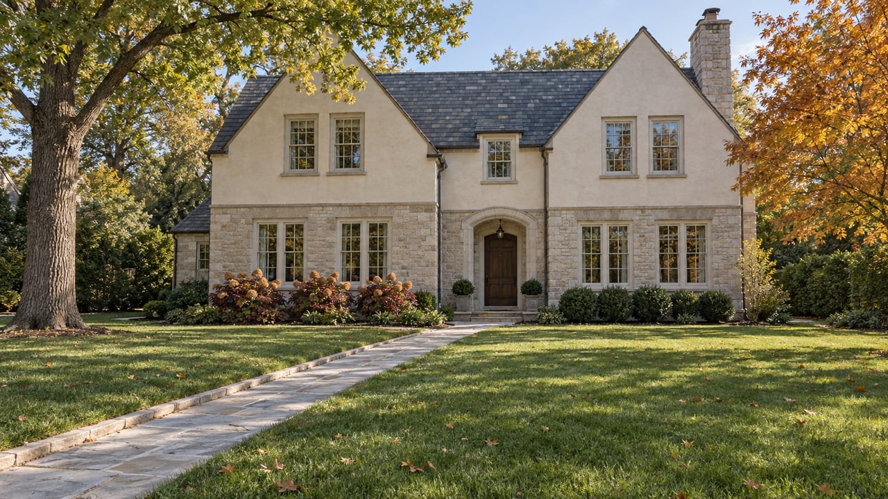 A stone-and-stucco home with a slate roof stands beyond a broad lawn and limestone walk, framed by mature oak and amber maple trees.