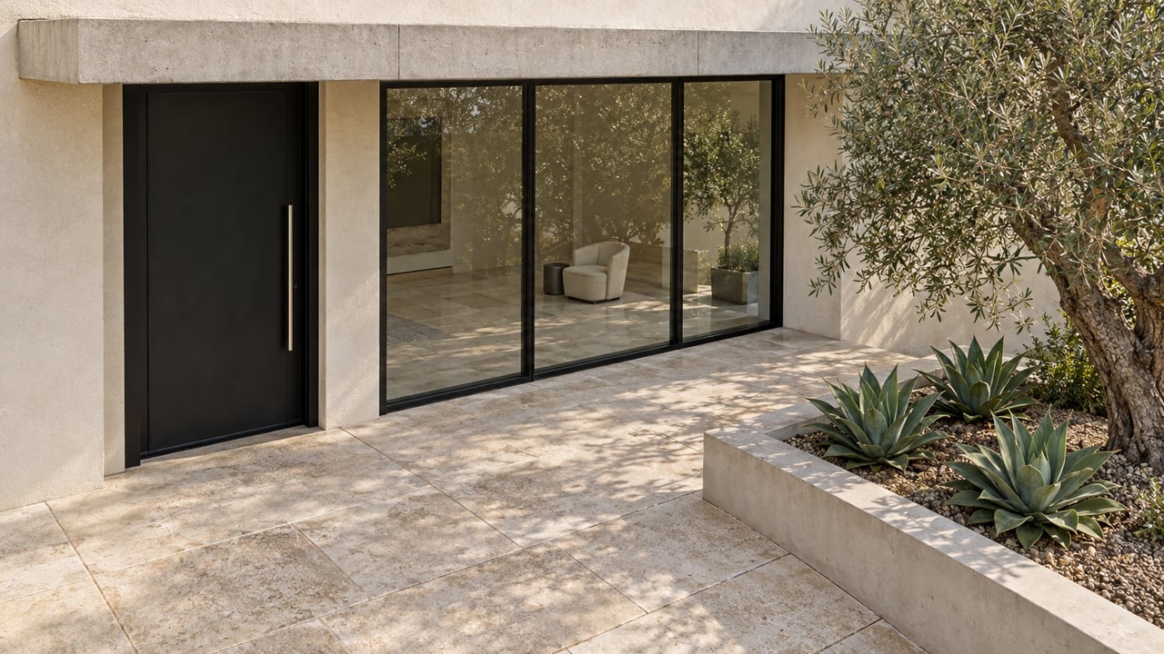Cream stucco home with a concrete canopy, black-framed entry glazing, limestone landing, and an olive tree in a raised planter.