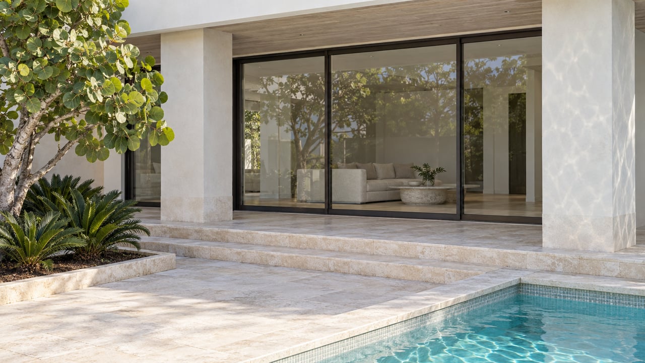 Ivory stucco home with bronze-framed glass doors, a pale limestone pool terrace and a sculptural sea grape tree.