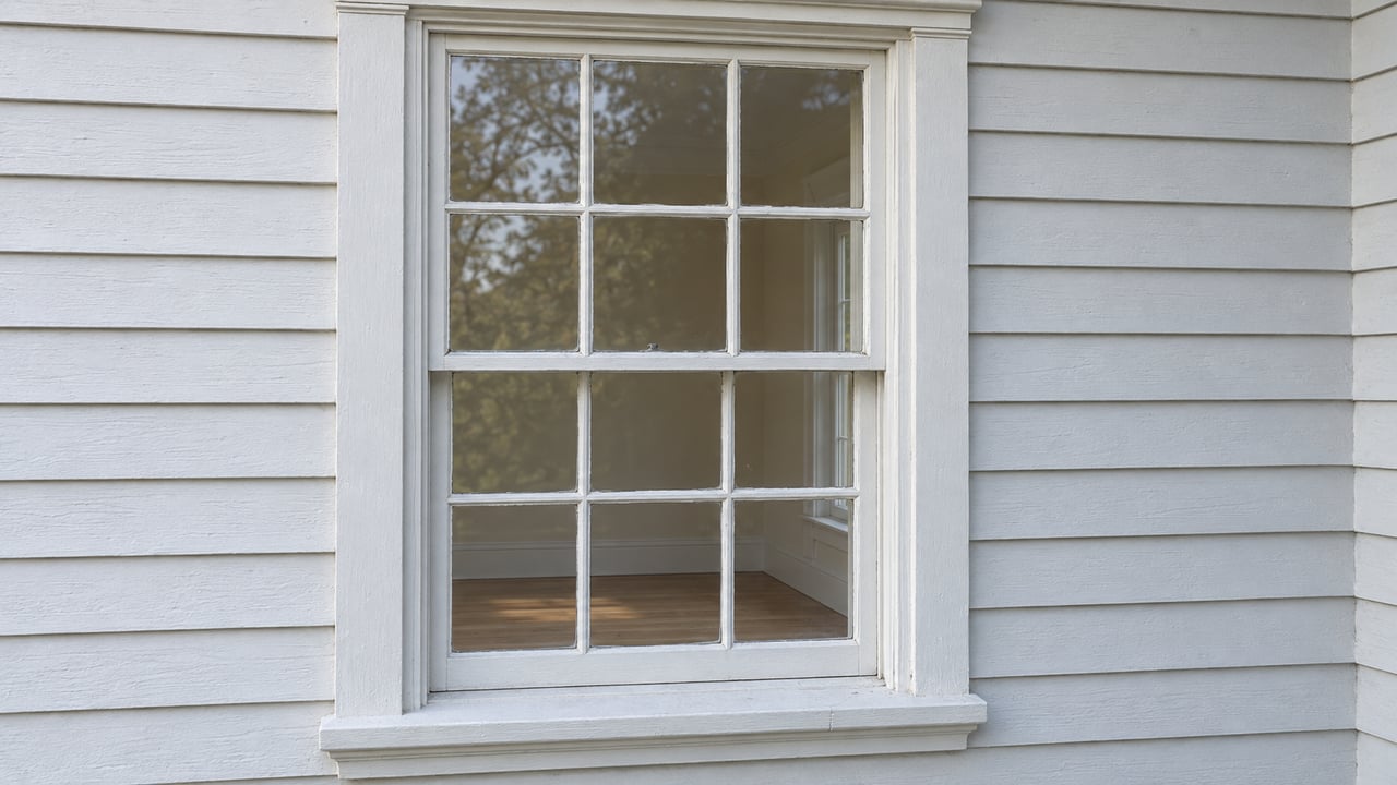 Six-over-six white wood window set in white clapboard siding, with closed sash and a projecting sill.