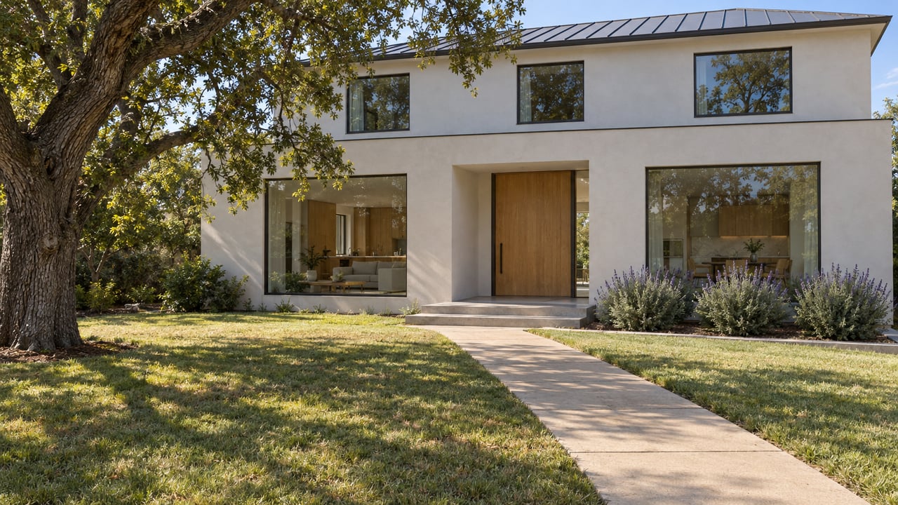 Contemporary white-plaster home with bronze-framed windows, an oak entry door and a deep front lawn shaded by one mature oak.