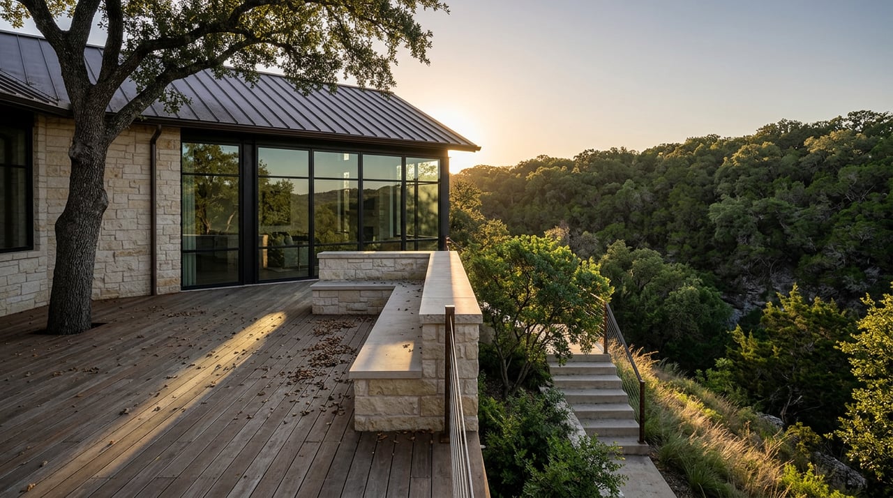 Limestone home and timber terrace overlook a wooded ravine beneath a broad live oak.