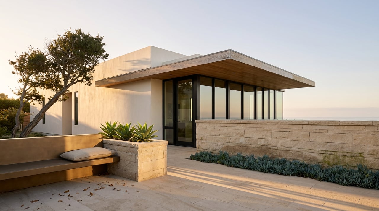 Coastal terrace with a limestone parapet, sculptural oak, agaves, and a modern home’s glazed facade.