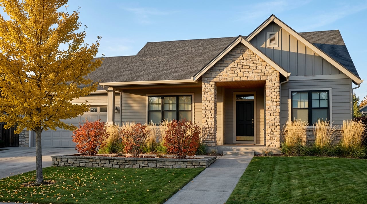 Craftsman-style home with stone accents, a low garden wall, and golden ginkgo amid autumn grasses.