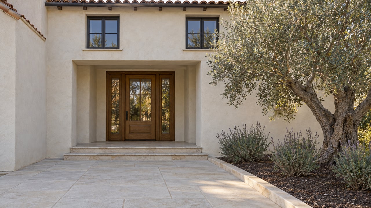 Limestone garden approach leading to an oak-and-glass entry in an ivory stucco home, beside a mature olive tree.