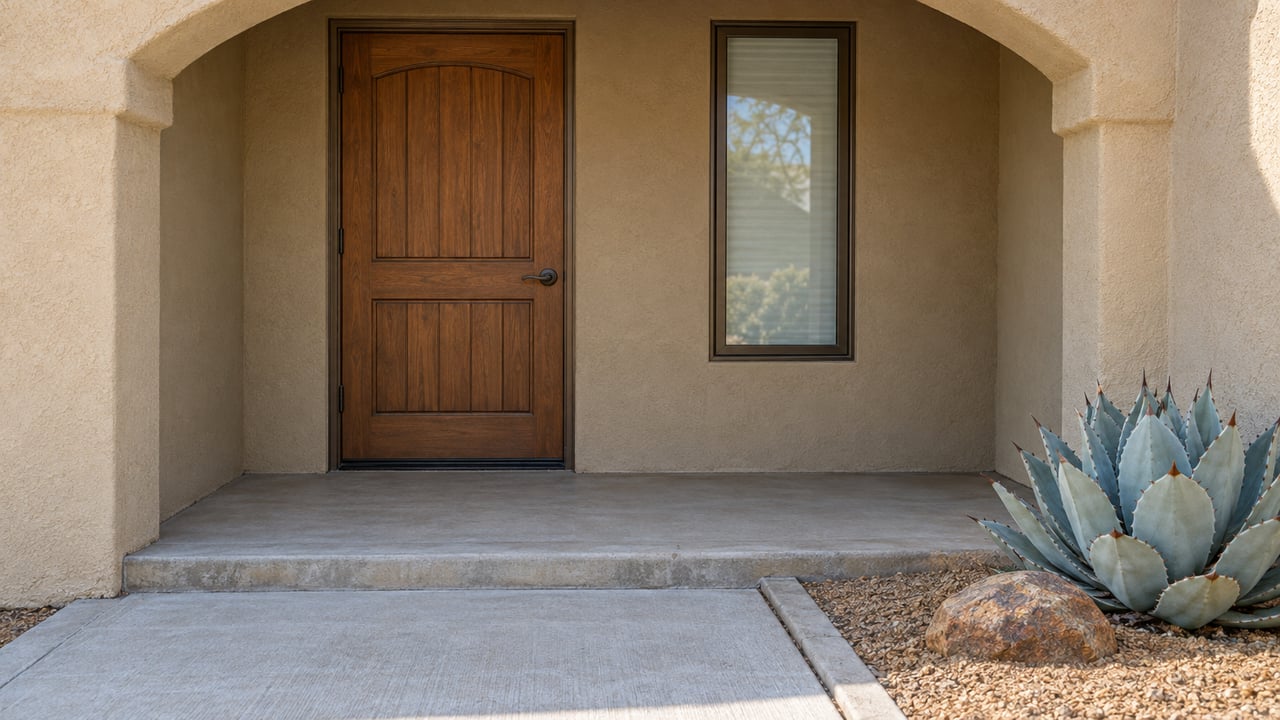 Sand-colored stucco entry with a recessed wood door, bronze-framed window, concrete approach and blue-gray agave in a gravel bed.