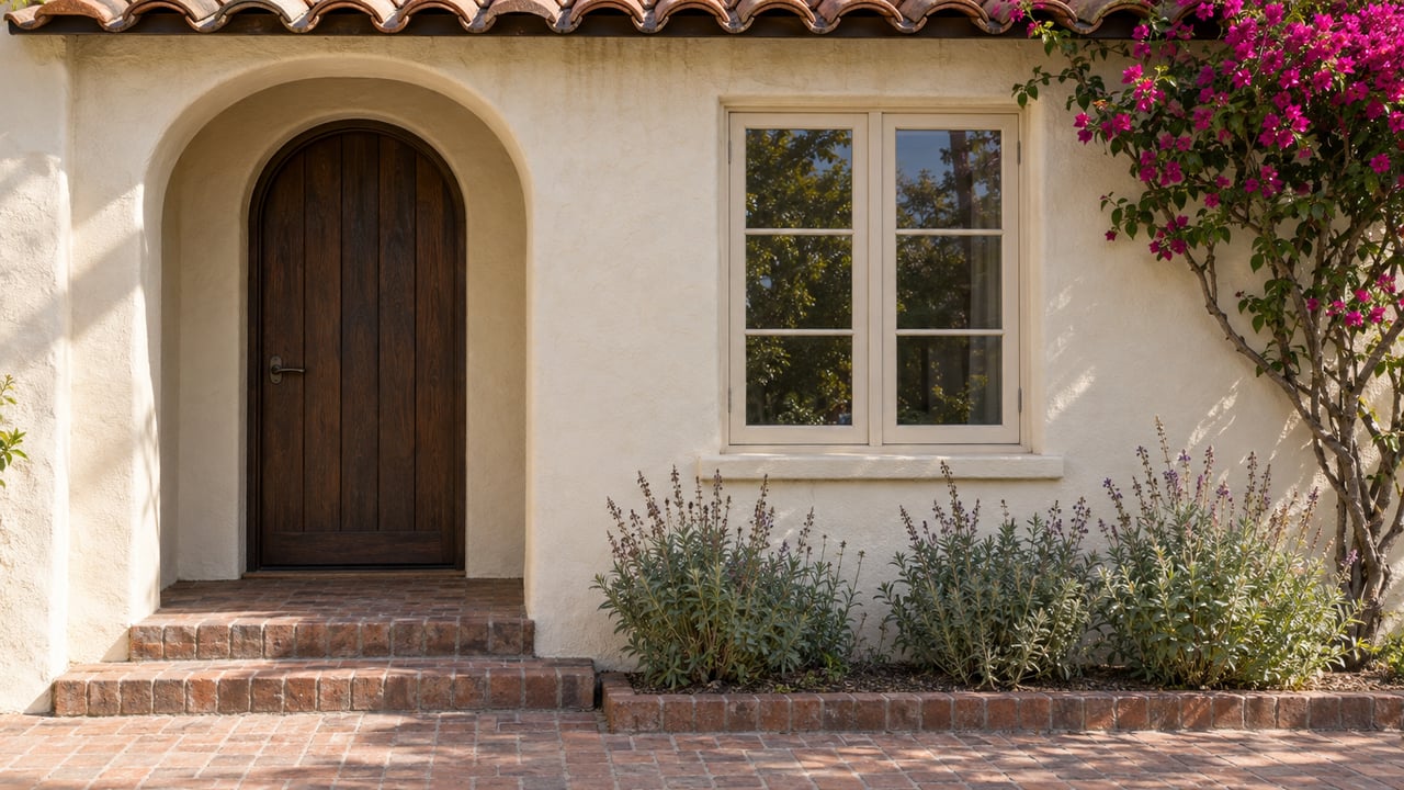 Cream stucco home with a recessed arched oak door, clay tile eave, brick steps and magenta bougainvillea beside a wood-framed window.