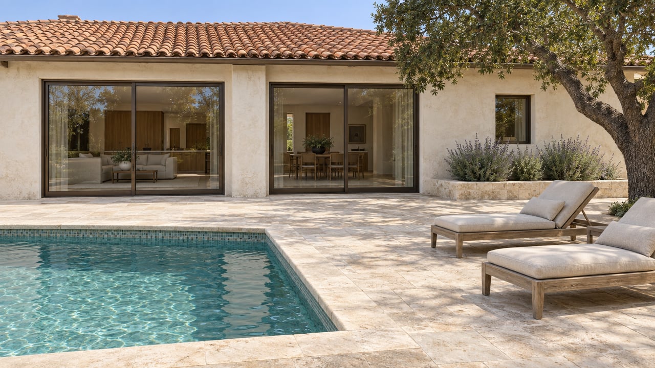 Limestone pool terrace beside a terracotta-roofed stucco estate, with closed bronze-framed glass doors, teak loungers and a mature oak.