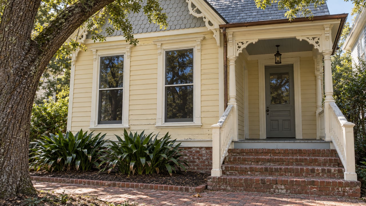 Raised clapboard home with ornate ivory gable trim, tall windows, brick steps and a shaded porch beside a live oak.