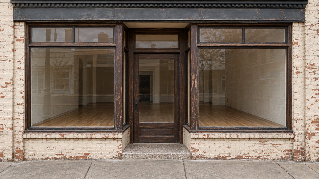 Compact cream-painted brick storefront with a dark wood door, broad display windows, and a worn terrazzo step.
