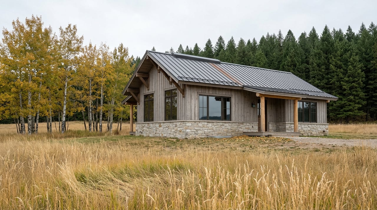 A stone-and-cedar ranch house sits beyond golden grass, beside yellow aspens and an evergreen treeline.