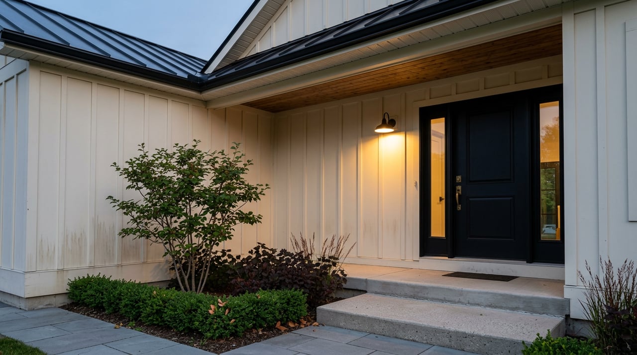 Dusk-lit farmhouse entry with black door, glass sidelight, cedar ceiling, concrete steps, and burgundy plants.