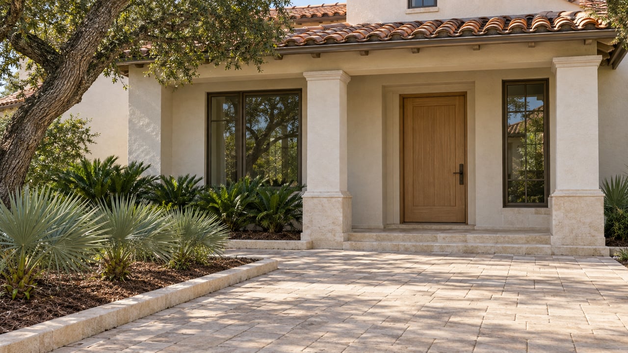 Cream stucco home with a clay-tile roof, sheltered oak entry and sandy paver approach bordered by a sculptural live oak and silver-green palms.