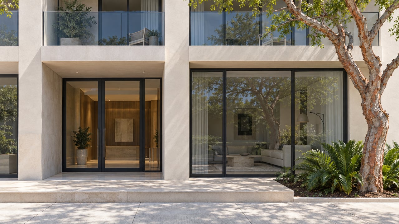 Condominium entrance with glass doors, stacked balconies, and a twisting tree in a narrow planting bed.