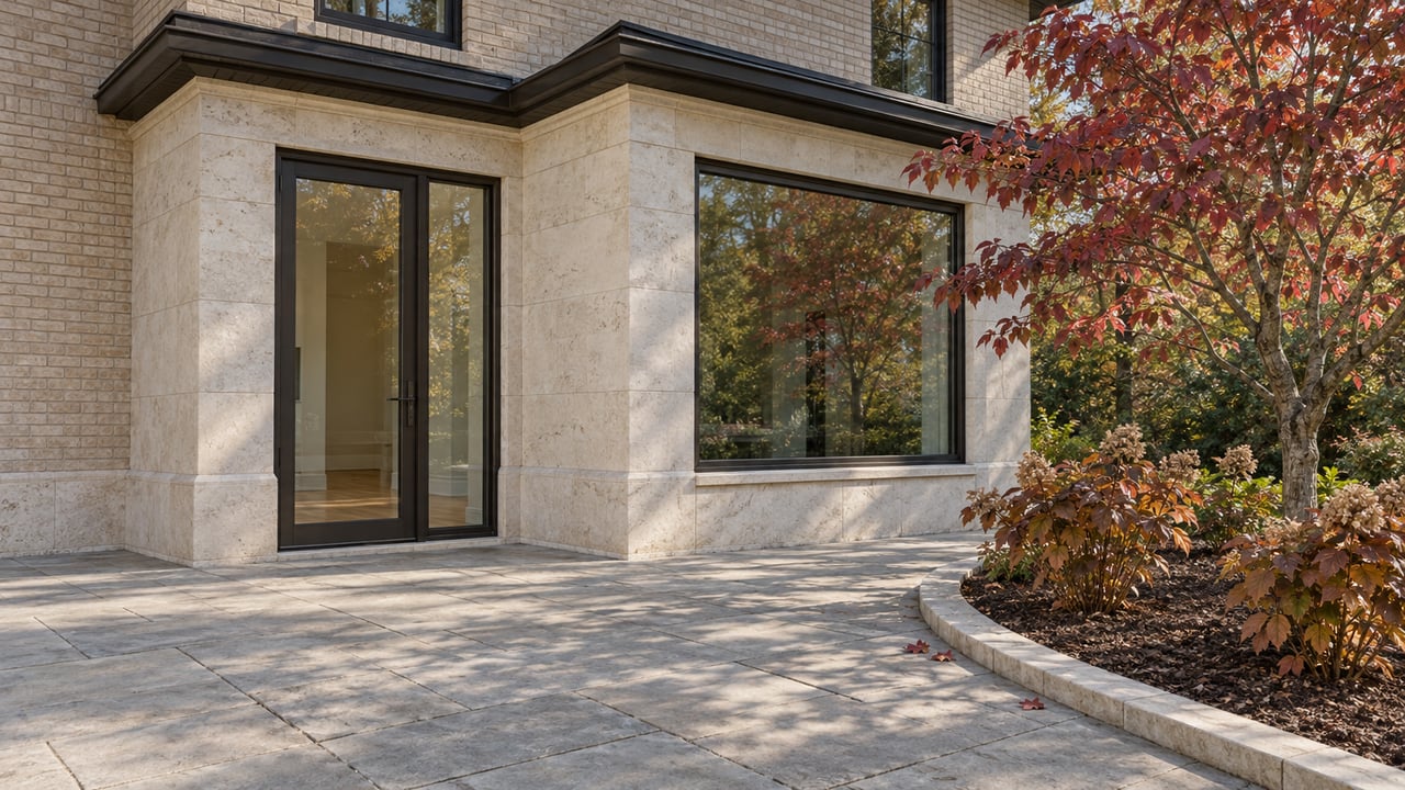 Autumn dogwood beside a limestone terrace and glazed garden entrance of a brick home.